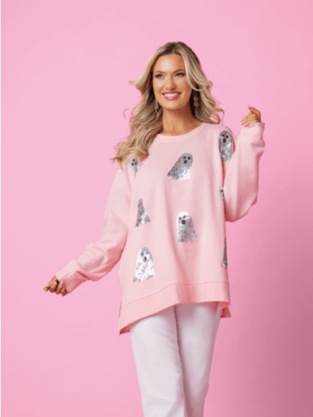 Mud Pie Pink Sequin Ghost Appliqué Pullover Sweatshirt
